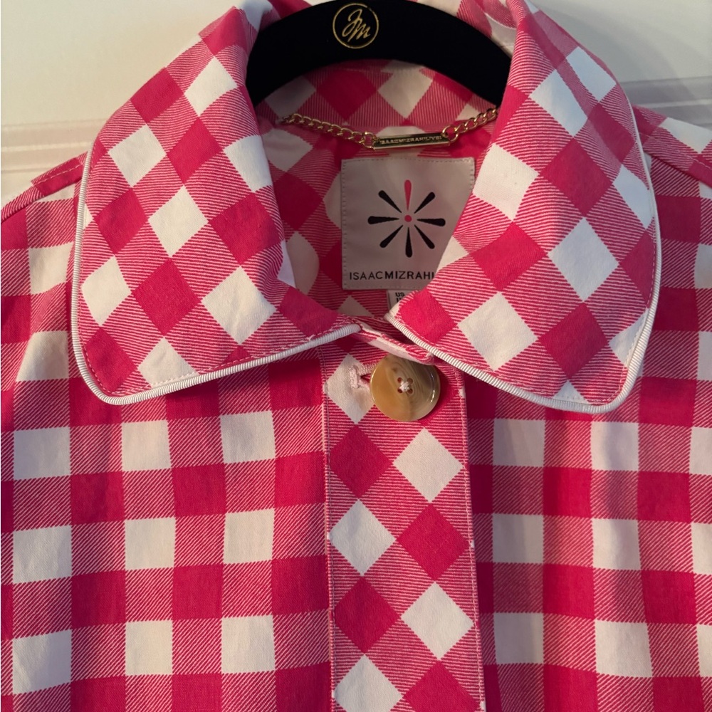 Isaac Mizrahi Live Pink and White Gingham Car Coat Trench - Picture 4 of 13